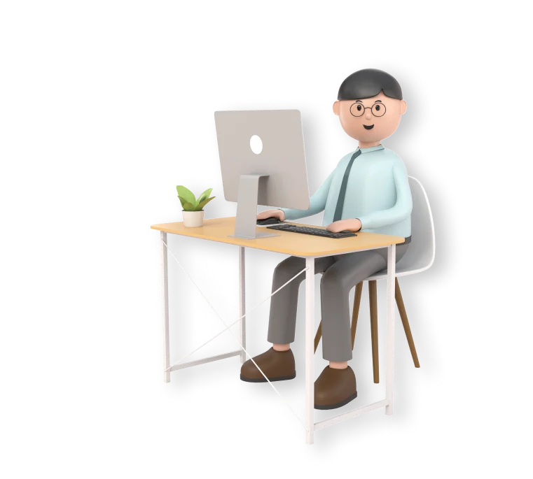 a 3D illustration of a businessman working at a desk.