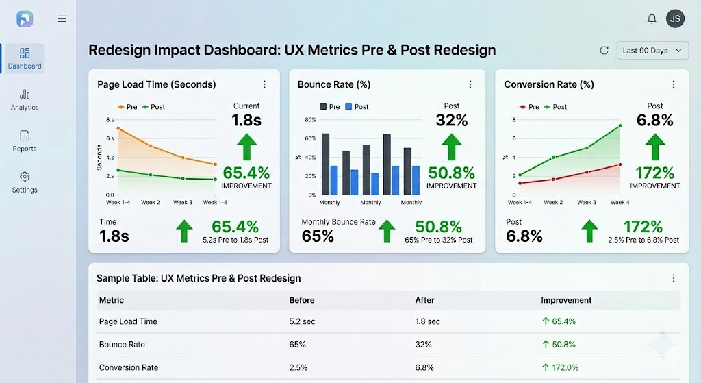 Sample Table UX Metrics Pre & Post Redesign