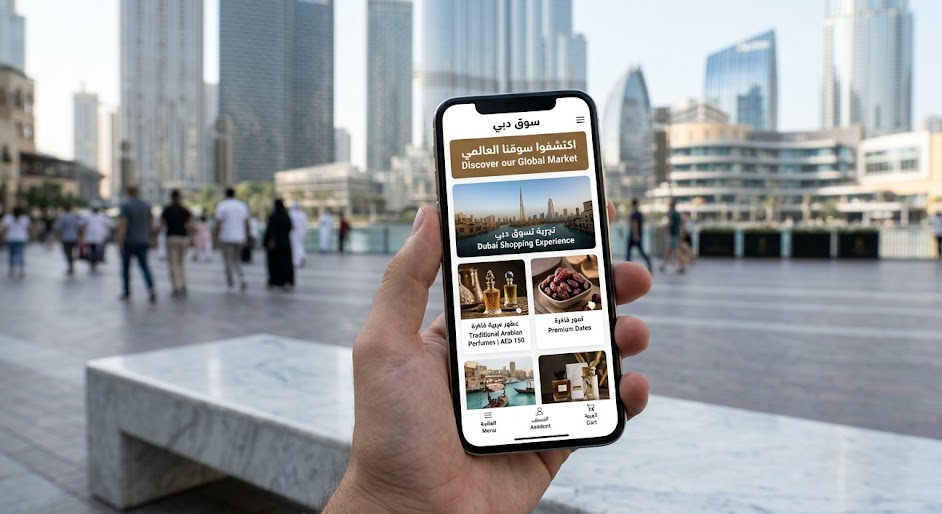 Mobile mockup of Arabic and English website