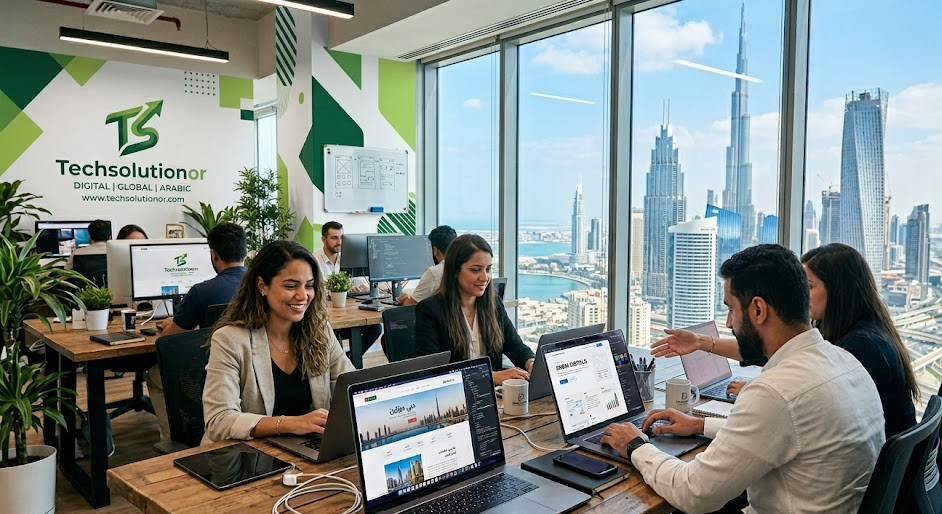 Realistic office and Dubai skyline with digital elements overlay